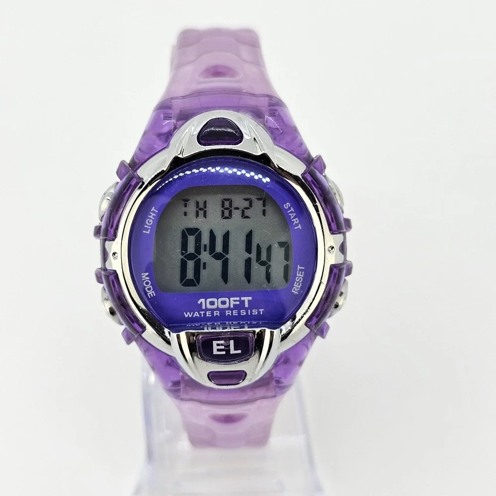 Women's Sports Digital Watch 36MM Pink Purple Plastic Case Bands NEW Battery